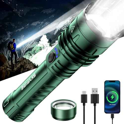 SKYFIRE LED Flashlights High Lumens with Ignition Lens, Rechargeable Zoomable Flash Light, 5 Modes Waterproof IPX6 Handheld Powerful Tactical Flashlight for Emergency Camping Essentials Home