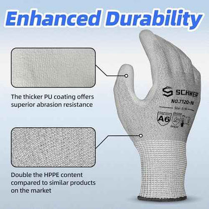 Schwer 6 Pairs ANSI A6 Cut Resistant Gloves CR7120 Cut Proof Work Gloves, Touchscreen, for Men and Women Used for Woodworking, Glass Cutting, Construction, Cargo Handling, Car Repair, L