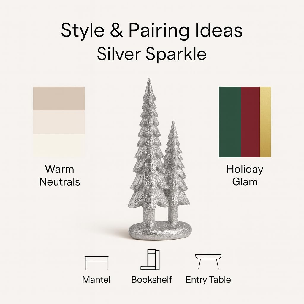 iStatue Sparkle Pine Trees, 7" Resin Tabletop Figurine Double Glitter Trees on One Base Indoor Christmas Decoration, Modern Mantel/Bookshelf Décor (Silver)