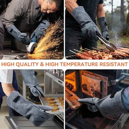 OZERO 932¡ÆF Heat Resistant Welding Gloves 16 inches Cowhide Leather - Long Sleeve and Insulated Lining BBQ Glove for Tig Welder/Mig/Grill/Barbecue/Stove Black-gray