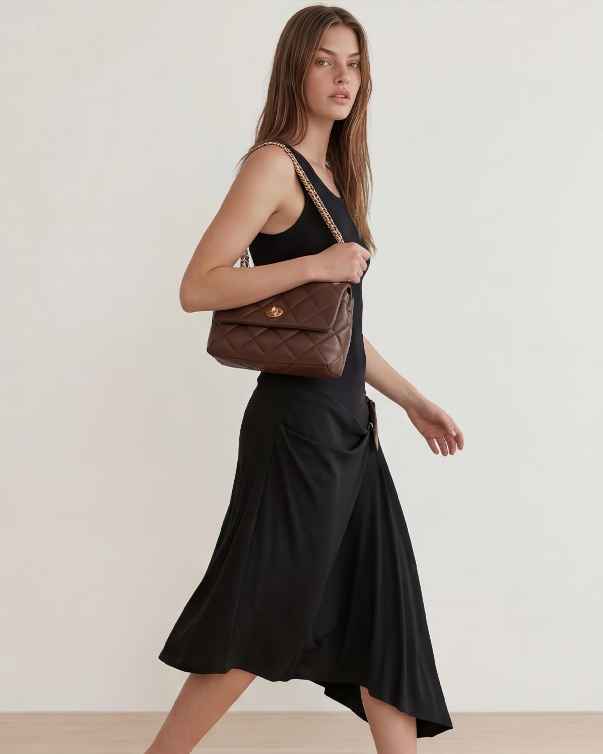 Apryl Quilted Crossbody Bags for Women - Shoulder Bag with Chain Purse Strap - Small Trendy Soft PU Vegan Leather Designer Purses - Chocolate Brown