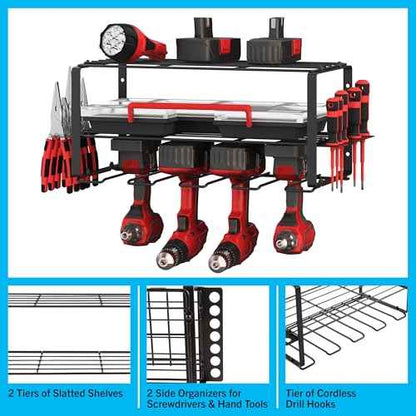 Stalwart Power Tool Organizer - 3-Tier Garage Shelving Unit with 110lb Max Capacity - Wall Mount Garage Storage System for Tools