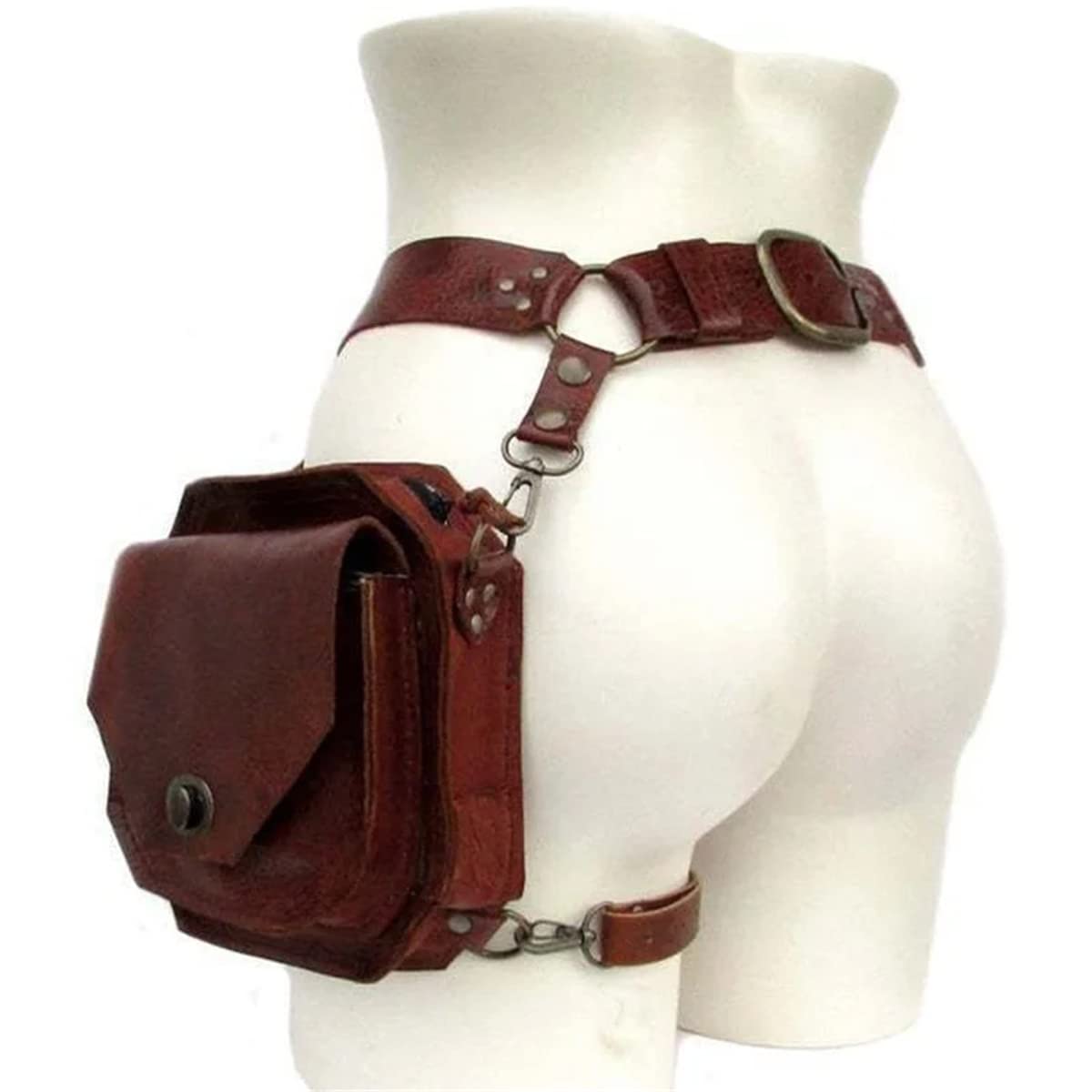 Renaissance Medieval Belt Satchel Pouch Bag Fanny Pack Gothic PU Leather Crossbody Messenger Bags Thigh Leg Hip Holster Purse Hiking Sport Chain Bags for Women Men (Brown)