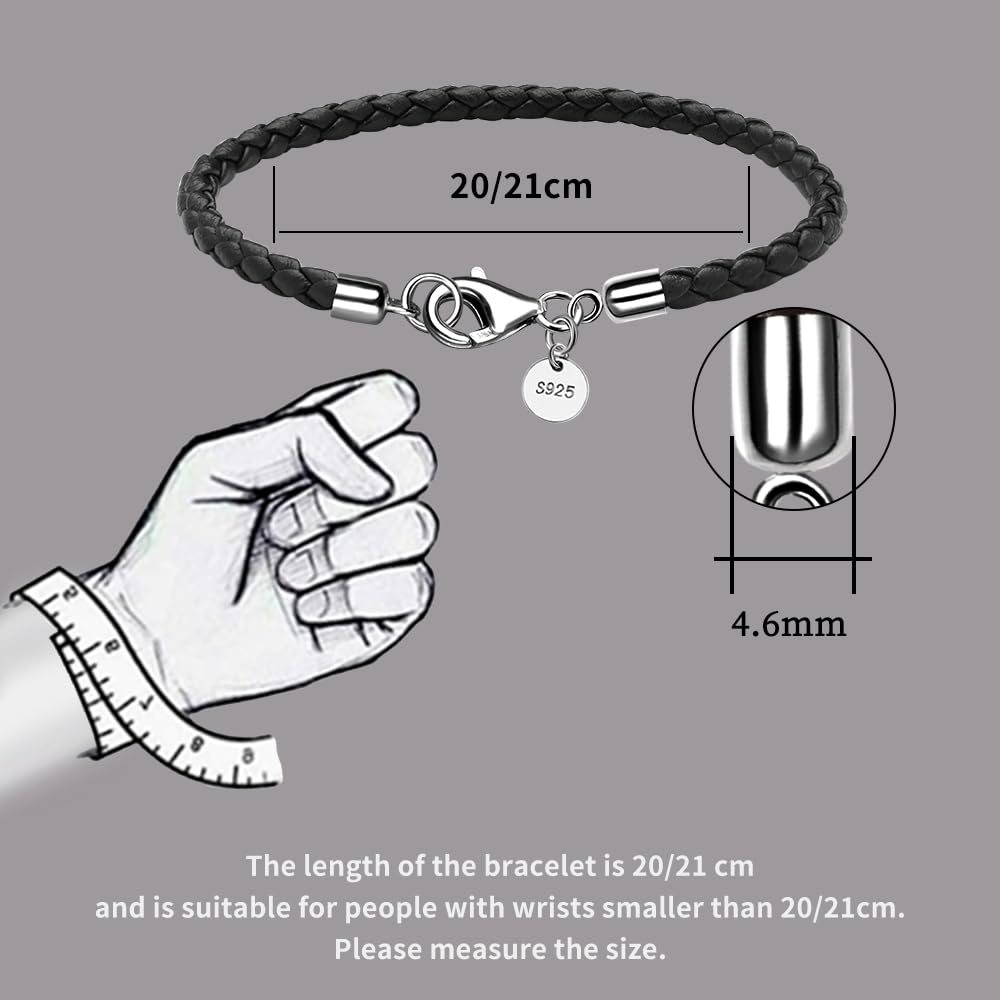 JEVINDA Leather Bracelet for Men Women 4MM Braided 925 silver Clasp 20/21cm with Jewelry Gift Box Handcrafted (Black, 8.2'')