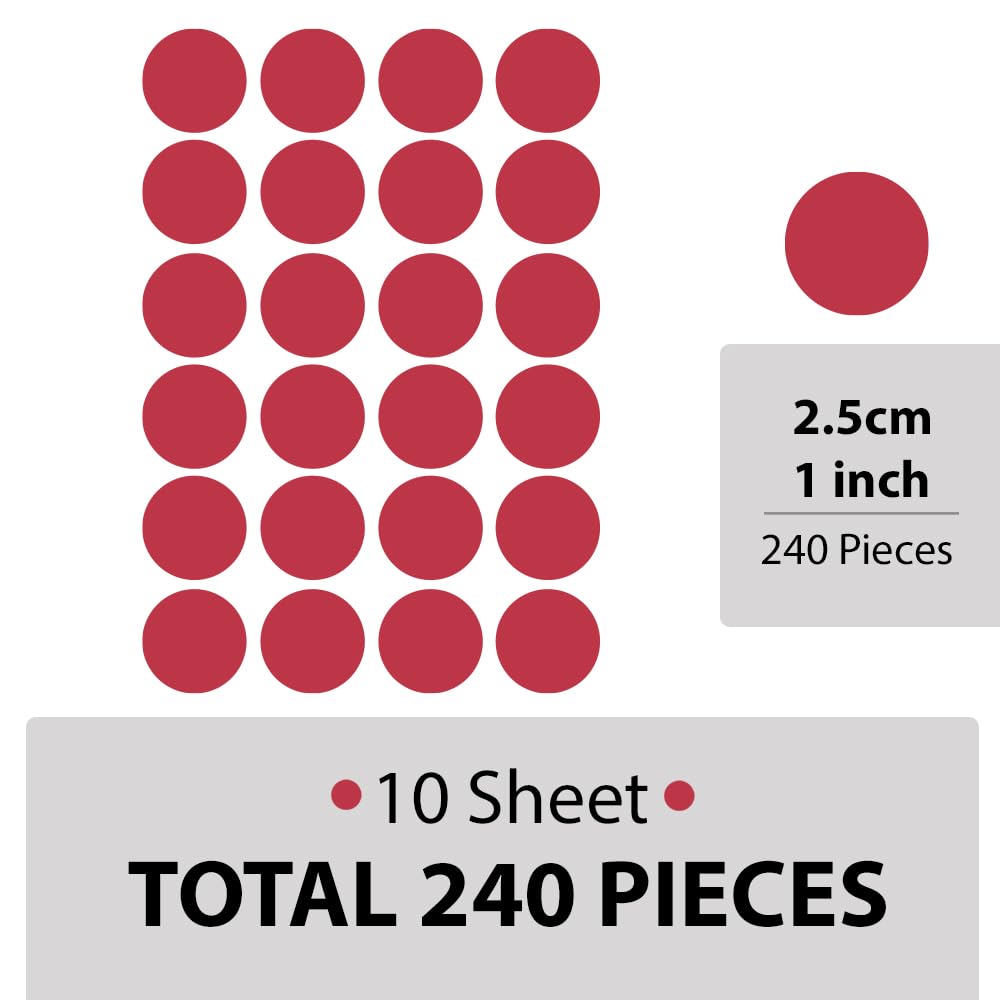 Colorful Dot Wall Stickers - Set of 9 Peel & Stick Decals for Kids Rooms, Nursery, and Crafts (Red, 1 inch dot 240)