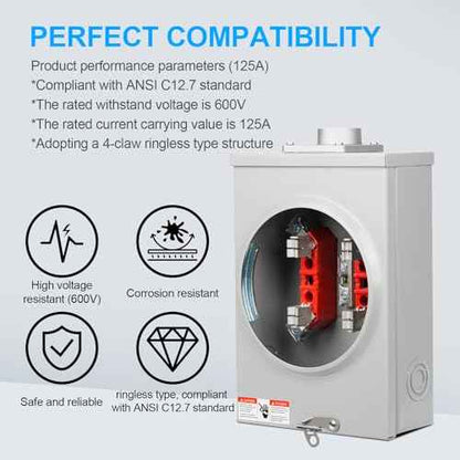 125 Amp Meter Socket, 4 Jaw Meter Base, 600V 3 Wire Ringless Type, with Horn Bypass Meter Cover Plate, Suitable for Overhead/Underground Feed