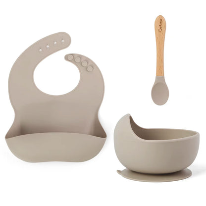 Ginbear Baby Bowls with Suction, Silicone Bibs, Self Feeding Spoons, Led Weaning Supplies, Toddler Eating Set for Ages 6 Months+ (Almond)