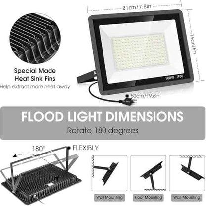 4 Pack 100W LED Flood Light,Super Bright Exterior Security Lights With Plug,IP66 Waterproof Outdoor Flood Light, 11600lm 5000K Daylight White Floodlight for Yard, Garden,Basketball Court, Arena