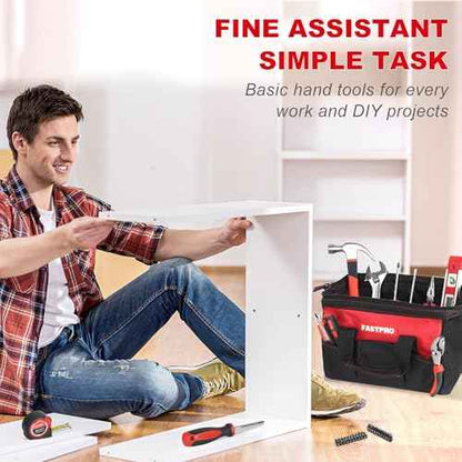 FASTPRO 220-Piece Home Tool Set, Household Repairing Tool Kit with 12-Inch Wide Mouth Open Storage Tool Bag, Red