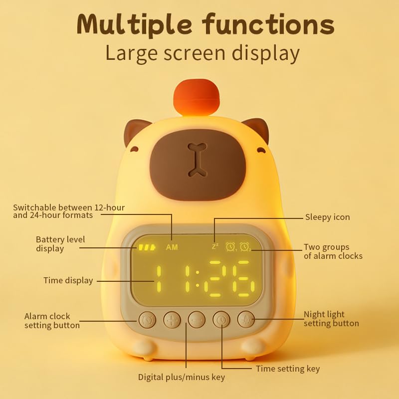 DNBFLLK Capybara Alarm Clock with Night Light for Kids, Cute Toddler Alarm Clocks for Bedrooms Ok to Wake Clocks for Girls and Boys, Rechargeable Silicone Animal Tabletop Lamp for Kid