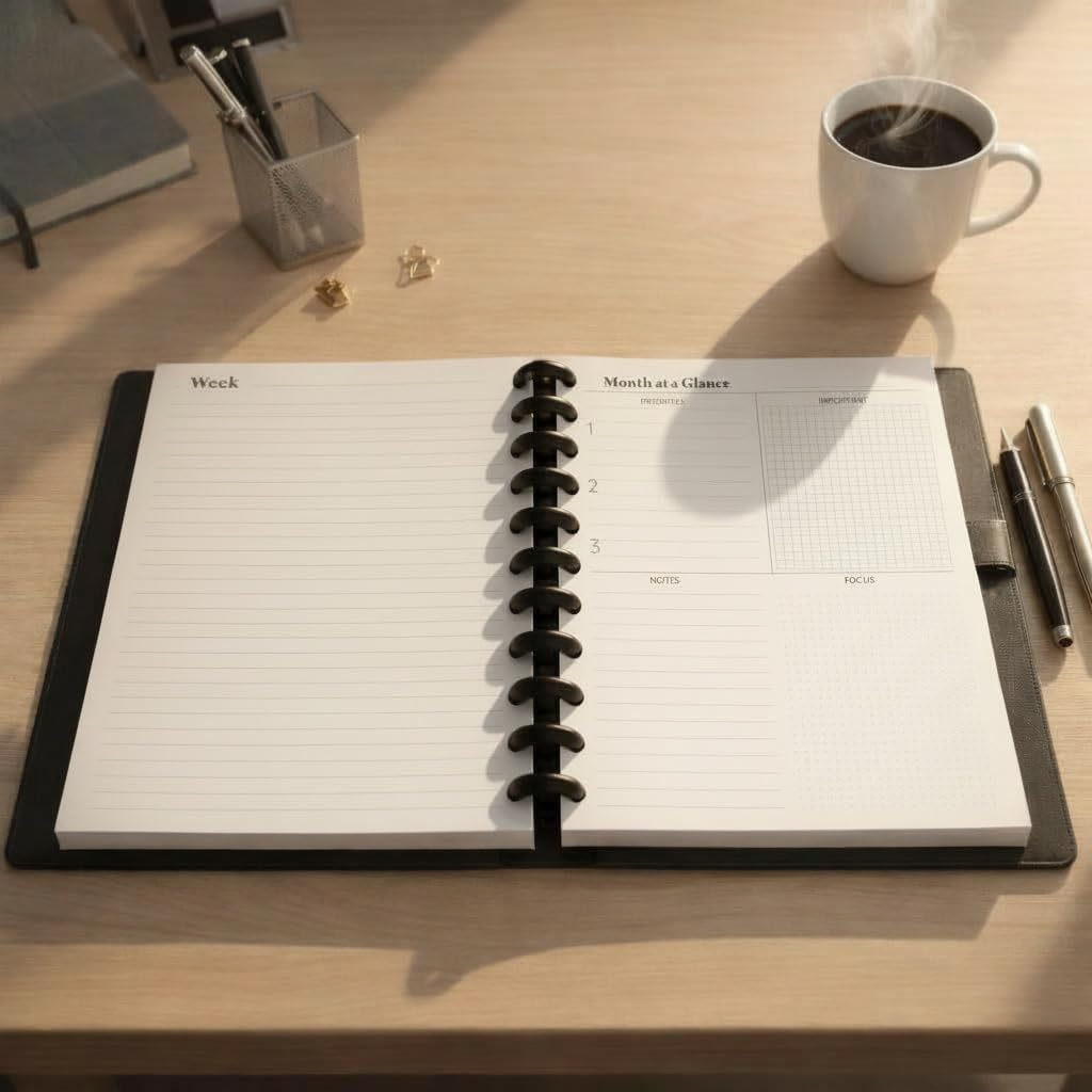 Undated Deluxe Discbound Planner in Gift Box, Letter Size PU Leather Cover – Monthly & Weekly Layout, Goal Setting, Habit Tracking, Refillable Organizer by FeroniArt (Black, Letter)