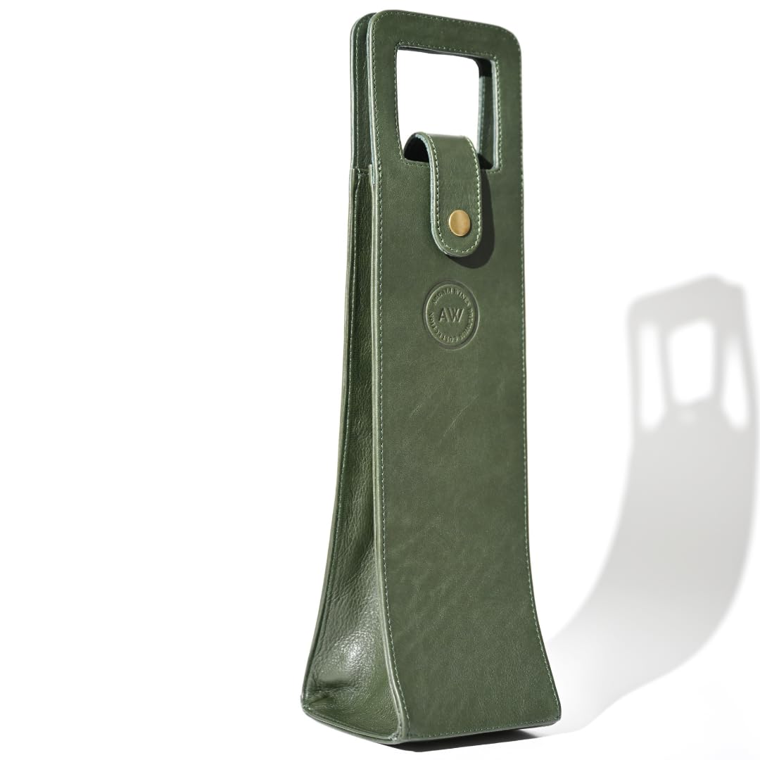 Argali Wines Premium Collection Single Bottle Wine Tote - Genuine Leather, Elegant & Durable, Secure Locking Strap, Sophisticated Gift for Wine Enthusiasts (Green)
