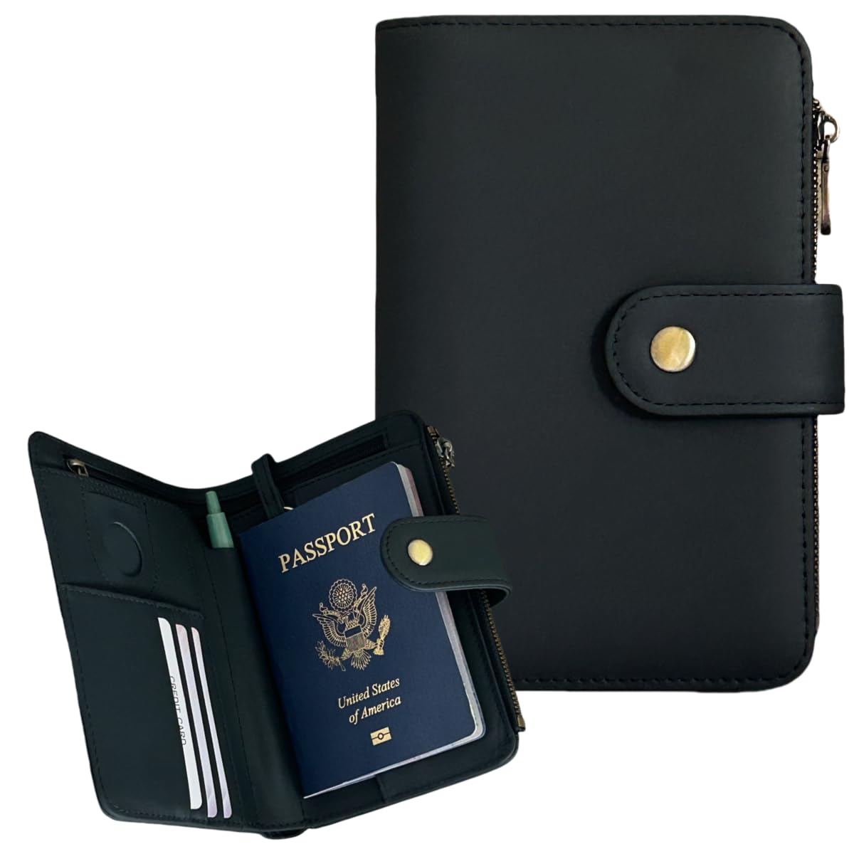 Genuine Leather Passport Wallet, RFID Blocking Passport Holder with Tracker Slot, All in One Travel Wallet for Women/Men, Secure Passport Cover Case for Airport Essentials (Black)