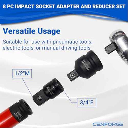 8-PC Impact Socket Adapter and Reducer Set, 1/4" 3/8" 1/2" 3/4" Drive Socket Adapter Set, 1/2 to 3/8 Impact Adapter, 3/4 to 1/2-Impact Adapter, 1/2 to 3/4-Impact Adapter