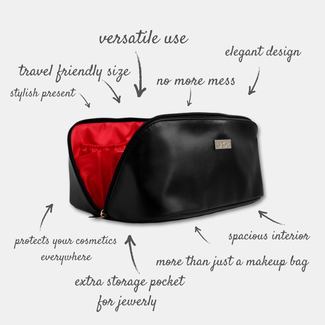 NAORI Travel Makeup Bag for Women | Large Luxury Cosmetic Organizer with Handle & Inner Pockets | Waterproof Faux Leather Toiletry Bag | Makeup Case for Home, Travel & Gifting (Elegant Black)