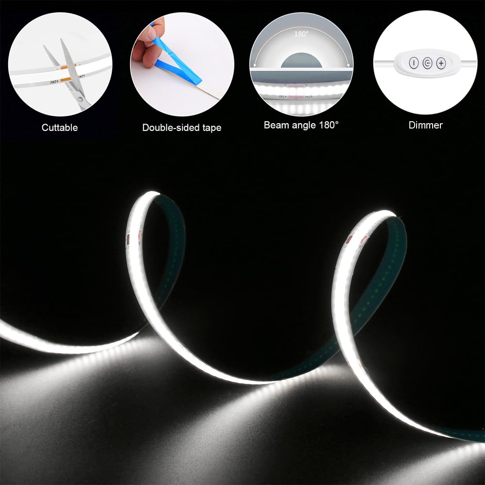 Smacen USB Powered COB Led Strip Lights, 6.56Ft Battery Operated 6000K LED Strip Lights, High Brightness Flexible LED Tape Lights for Room, Cabinet, Bedroom, Kitchen, Party, Home DIY Indoor Deco