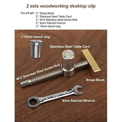 2PCS 3/4 Inch Bench Dog Clamps, Woodworking Clamps with 4 Bench Dogs, CNC Precision Machining Bench Dog with 2 Ratchet Wrenches, Low Profile Design and Easy to Use for Woodworking Silver