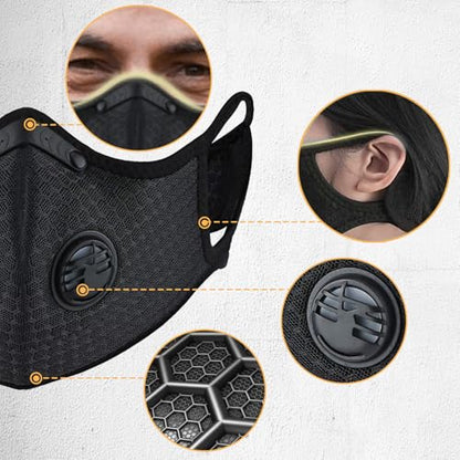 BDL Sport Mask with Exhalation Valves, Carbon Reusable with 4 Filters Personal Protective Adjustable Nylon Dust Sport Mask