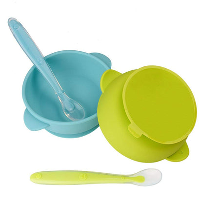 KingKam 2 Pack Baby Bowls with Suction, Silicone Stay up Baby Bowl for Kids and Toddlers, Silicone Bowls and Spoons for Baby Toddler Bowls, Baby Feeding Bowls Set - Blue/Green