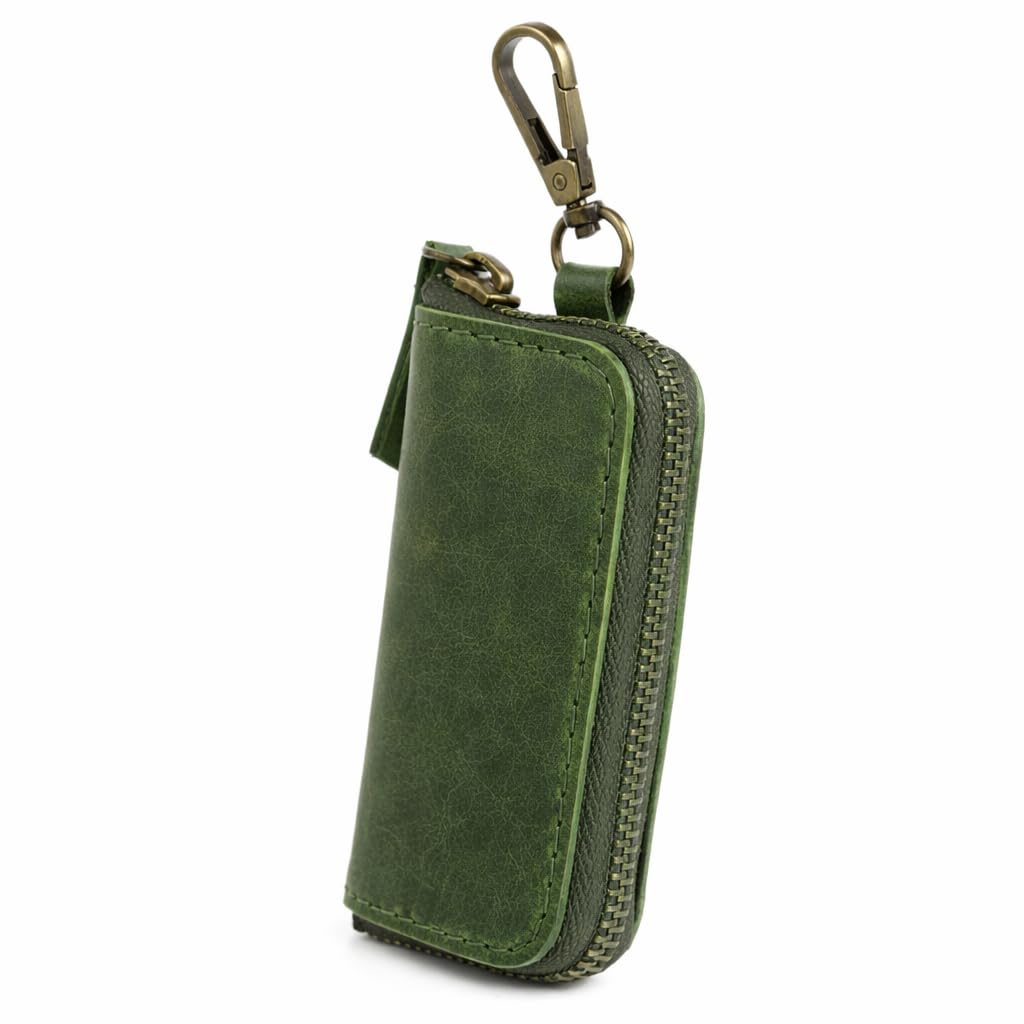 Handmade Full Grain Leather Car Key Holder & Zippered Coin Purse | Belt Loop Key Chain, Compact Earphone Holder Multi-Functional Money Purse Elegant Leather Accessory Versatile Key Organizer (Green)