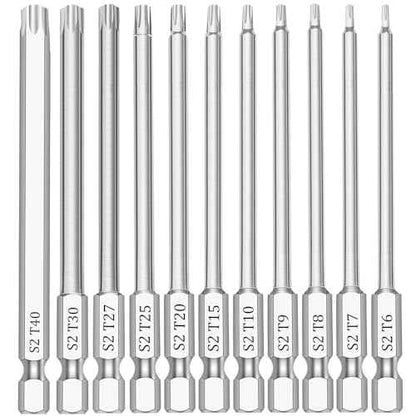 11 Piece Security Torx Bit Set (T6-T40), 1/4 Inch Hex Shank S2 Steel Magnetic Tamper Proof star screwdriver bit set 4" Long
