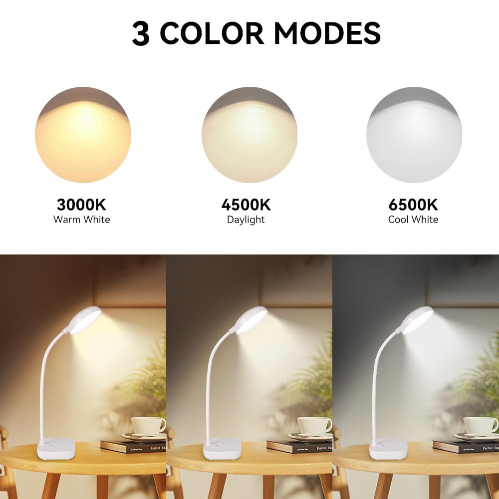 Desk lamps for home office,Black,Battery desk lamp,5W Rechargeable desk lamp,3 Colors,Adjustable brightness,360°Gooseneck Hose,Small rechargeable reading lamp,Eye-friendly and Energy Saving