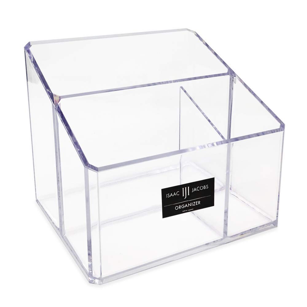 Isaac Jacobs Clear Acrylic 3-Compartment Organizer, Remote Holder & Multi-Functional Makeup, Brush, Pen & Pencil Storage Solution, for The Home, Bathroom, Office, Child’s Desk (3-Section, Clear)