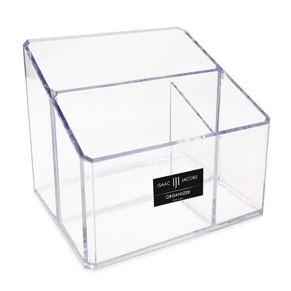 Isaac Jacobs Clear Acrylic 3-Compartment Organizer, Remote Holder & Multi-Functional Makeup, Brush, Pen & Pencil Storage Solution, for The Home, Bathroom, Office, Child’s Desk (3-Section, Clear)