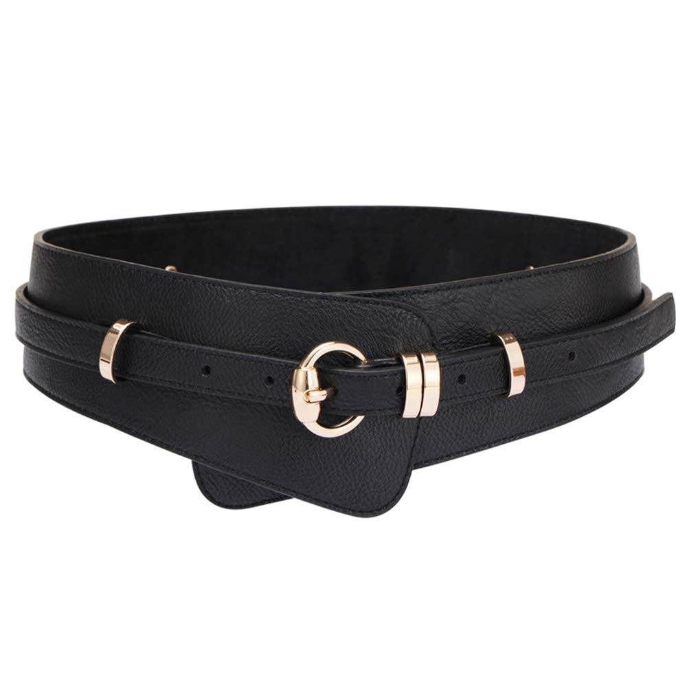 ICSTH Womens Obi Belt Vintage Leather Elastic Waist Belt Fashion Wide Belts (BK)