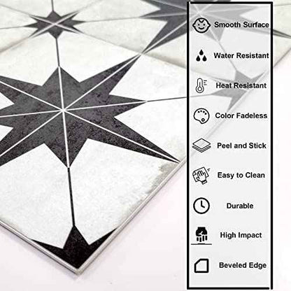 The Tiles Plaza Peel and Stick Encaustic Backsplash, Black Star Patterned Stick on Tile, Self-Adhesive Wall Tile Sticker for Kitchen Bathroom Fireplace Stairs, 10 Sheets