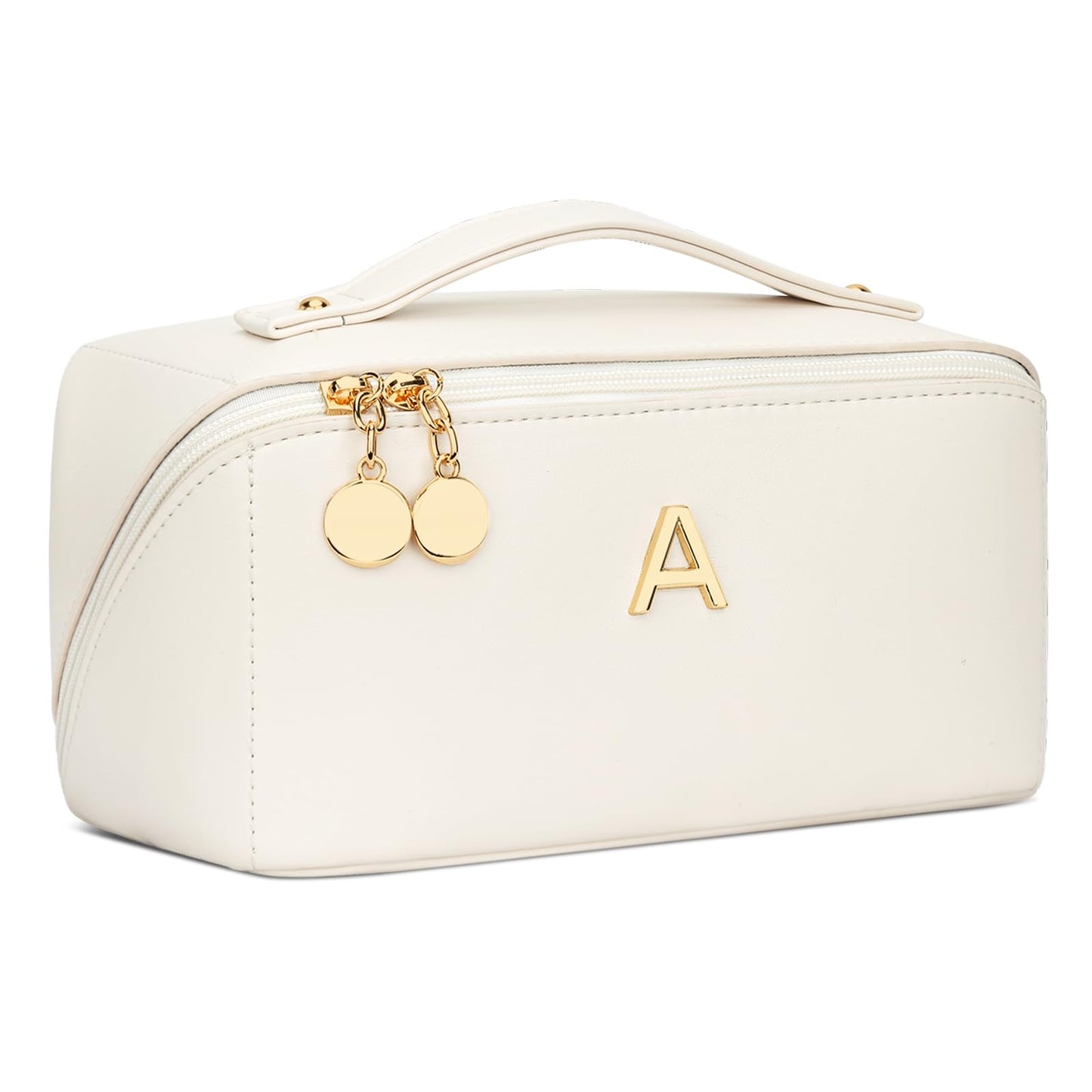 CLOUDWINGS Initial Makeup Bag Gifts for Women Bridesmaid Gifts Travel Toiletry Personalized PU Leather Waterproof Cosmetic Bag (Medium-Beige-A)