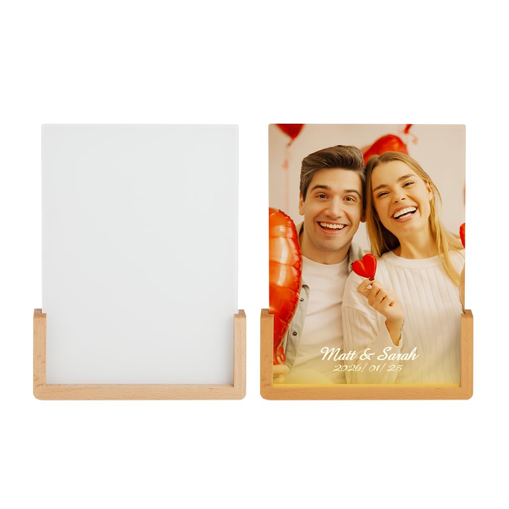 PYD Life 2 Pack Sublimation Night Lights Blanks LED Glass Photo Frames Panels White 6" x 8" with Warm Light,with Wood Stand for Custom Photos Designs, DIY Gifts for Couples, Family