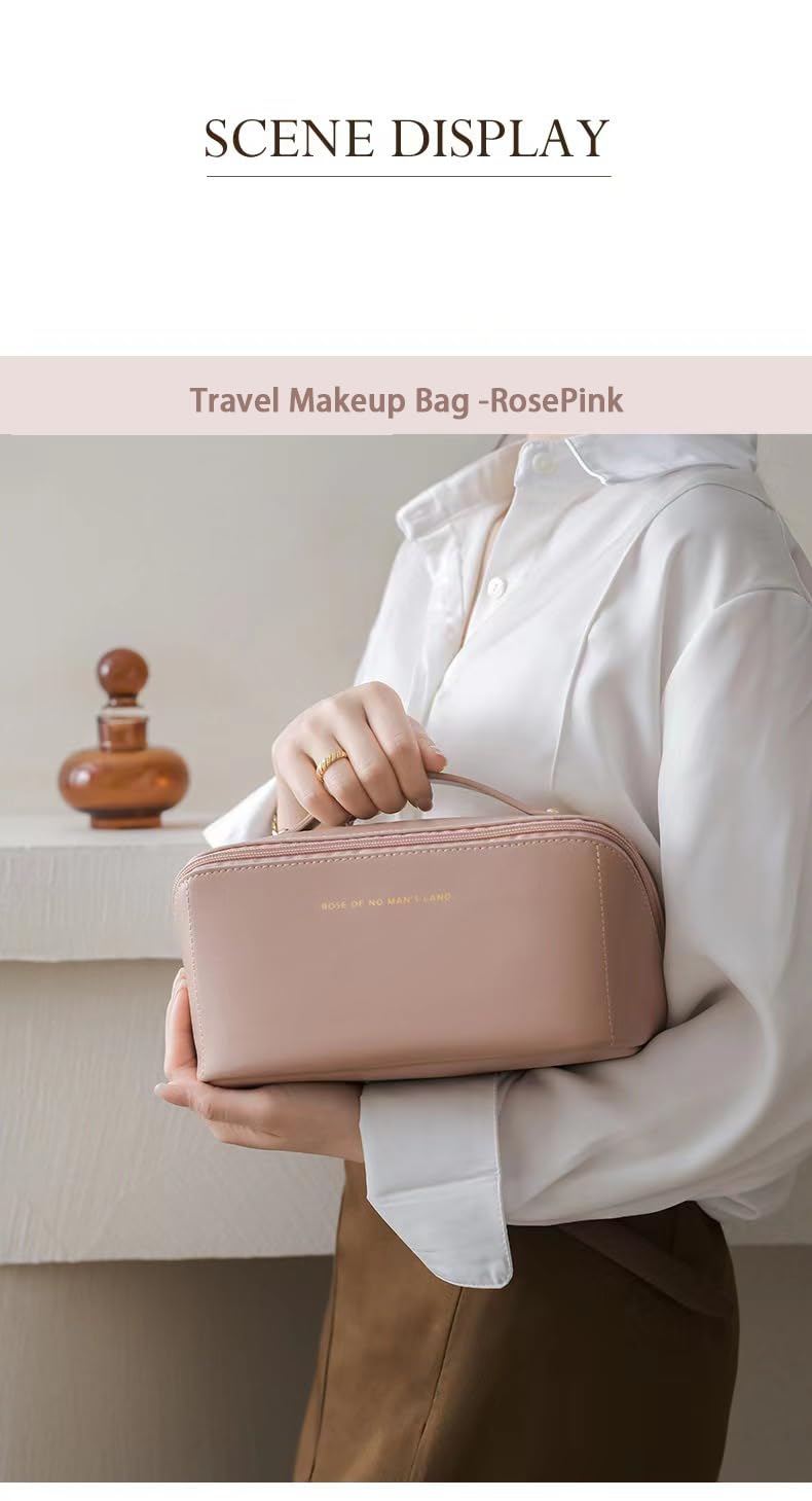 Travel Makeup Bag for Women, Large Capacity PU Leather Toiletry Bag with Multiple Compartments, Waterproof Cosmetic Organizer with Handle, Portable Travel Pouch for Skincare, Rose Pink
