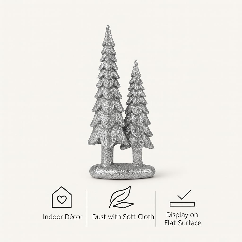 iStatue Sparkle Pine Trees, 7" Resin Tabletop Figurine Double Glitter Trees on One Base Indoor Christmas Decoration, Modern Mantel/Bookshelf Décor (Silver)