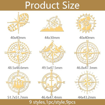 OLYCRAFT 9pcs 1.6x1.6 Inch Compass Theme Stickers Mountain Compass Stickers Self Adhesive Gold Metal Stickers Shoe Print Metal Stickers for Scrapbooks DIY Crafts Phone Decoration