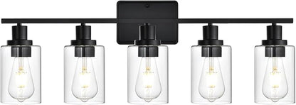 Bathroom Vanity Light Fixtures,5-Light Black Wall Lights for Living Room,Bathroom Light Fixtures Over Mirror,Wall Lamps for Bedroom with Clear Glass Shade for Hallway,Kitchen,Cabinet