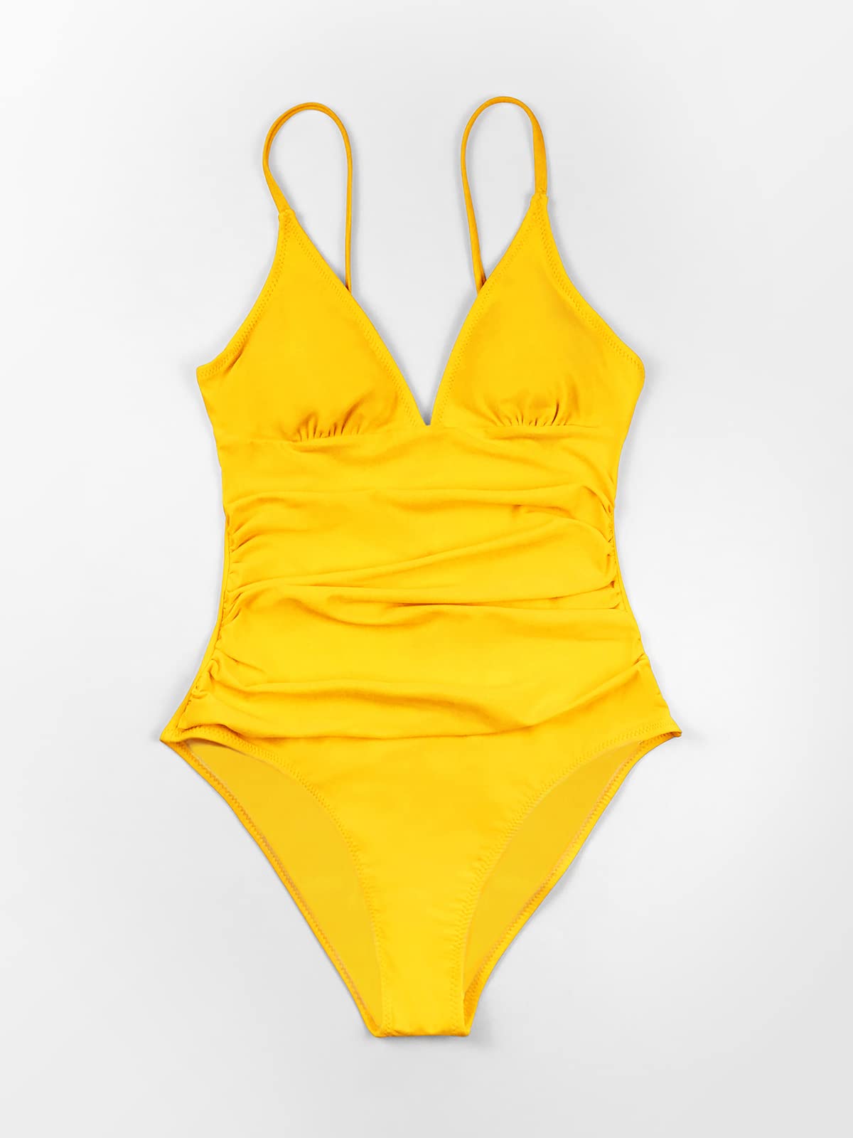 CUPSHE Womens Swimwear Shirring Design V-Neck Low Back One Piece Swimsuit, Large, Yellow
