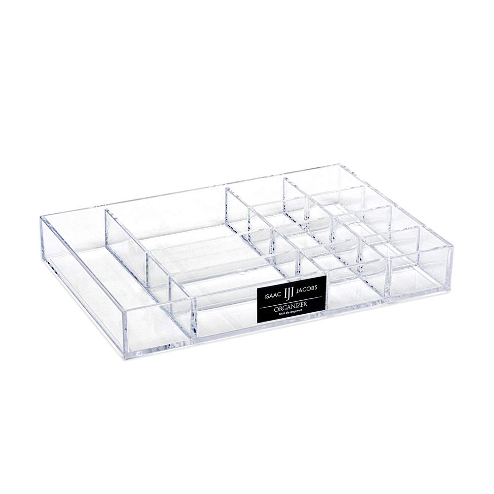 Isaac Jacobs 12-Compartment Clear Acrylic Drawer Organizer (9.4" L x 6.4" W x 1.3" H), Multi-Sectional Tray & Storage Solution for Makeup, School & Office Supplies, Bathroom, Kitchen