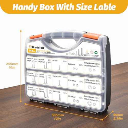 Kadrick 744Pcs 18-8(304) Stainless Steel Hex Bolts Assortment,1/4-20 5/16-18 3/8-16 Heavy Duty Bolts and Nuts Kit, Assorted SAE Bolts Nuts Flat&Lock Washers,Lenth Form 1/2''-2''
