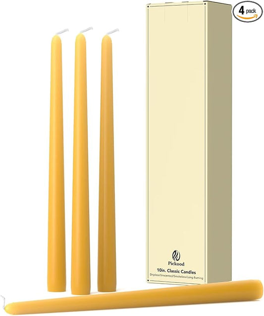 10-Inch Tall Dripless Taper Candles Set of 4 - Mustard Yellow Tapered Candles, Perfect for Spring - Smokeless, Unscented, Long Burning - Hand Poured, Colored Tall Candlesticks - Mustard