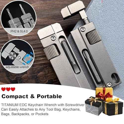 Titanium Keychain Wrench ? Mini EDC Adjustable Spanner with Screwdriver, Pocket Tool for Everyday Carry, Travel, Outdoor, Camping ? Stocking Stuffers For Men, Dads, and EDC Lovers