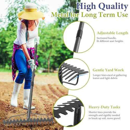 Adjustable Bow Rake Heavy Duty, Dual-Sided Steel Garden Rake Tool for Gathering Leaves, Pine Straw, Thatching, Breaking Up Soil, Leveling Gravel