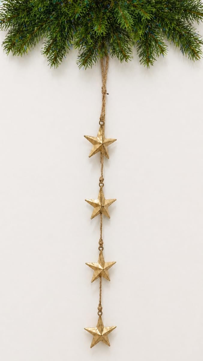 Rustic Gold Star Garland with Rope – Handmade Brass Metal Hanging Star Cluster for Farmhouse, Cow Bell Cluster, Christmas, Holiday, and Outdoor Garden Decor (Star Garland 24")