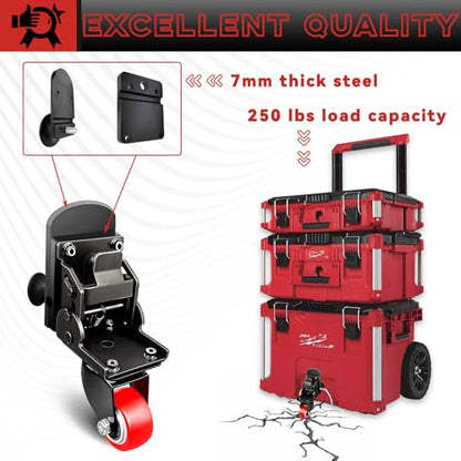 Upgraded Steel Construction Front Wheels, Heavy-Duty Packout Caster Wheel kit fit for Milwaukee Packout Rolling Tool Box, Flip up Packout Caster Wheel Kit, 200 Lbs Capacity