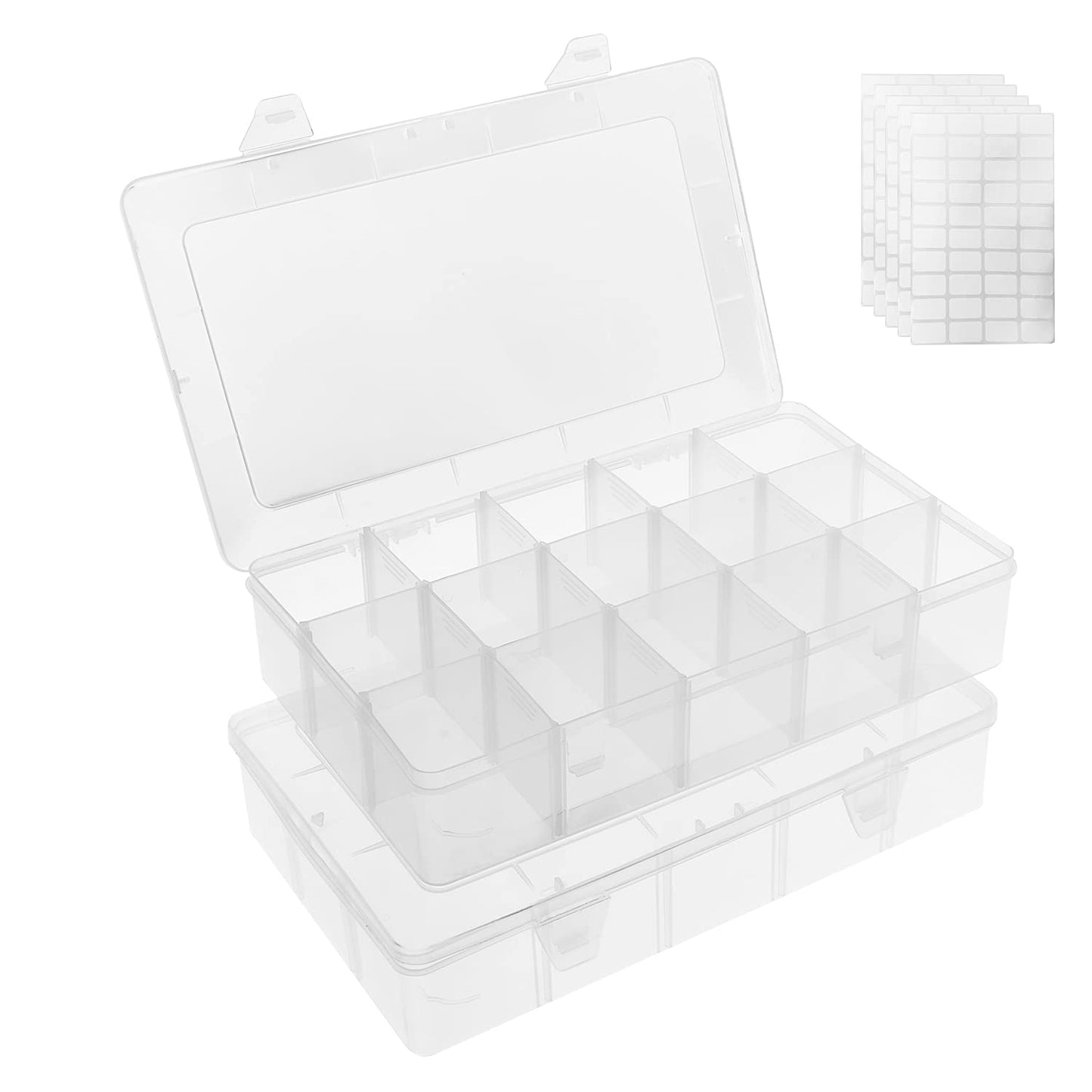 Umirokin 2 Pack 15 Grids Clear Plastic Organizer Box with Adjustable Dividers, Craft Storage Containers for Jewelry, Beads, Screws, Tackle Box, Washi Tapes, Small Parts Organizer for Arts and Crafts