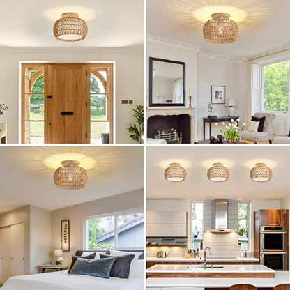 Rattan Ceiling Light Fixture£¬3 Style Options Boho Flush Mount Ceiling Lights, Hand-Woven Rattan Chandelier,Mini Bohemian Wicker Light Fixtures, Farmhouse Light Fixture for Bedroom Hallway Entryway