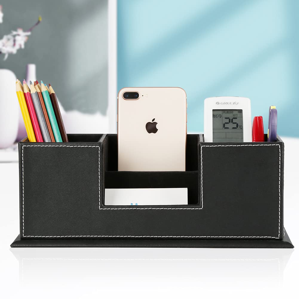 KINGFOM Office Supplies Desk Organizer PU Leather Storage Box 4 Divided Compartments for Pen Business Card Remote Control Mobile Phone Cosmetics Collection Holder (Black)