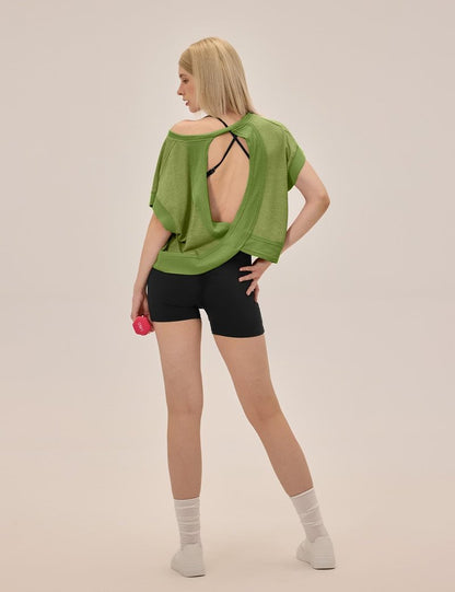 UNIANKIYA Open Back Workout Tops for Women Loose Fit Athletic Crop Tee Short Sleeve Gym Running Yoga Shirt Grass Green
