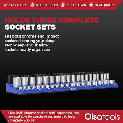 Olsa Tools Magnetic Socket Organizer (3/8-Inch Drive, 3 Row) - Magnetic Tool Organizer & Socket Holder - Tool Box Socket Organizers - Metric Blue - Holds 54 Sockets - Professional Grade - Part: 1556