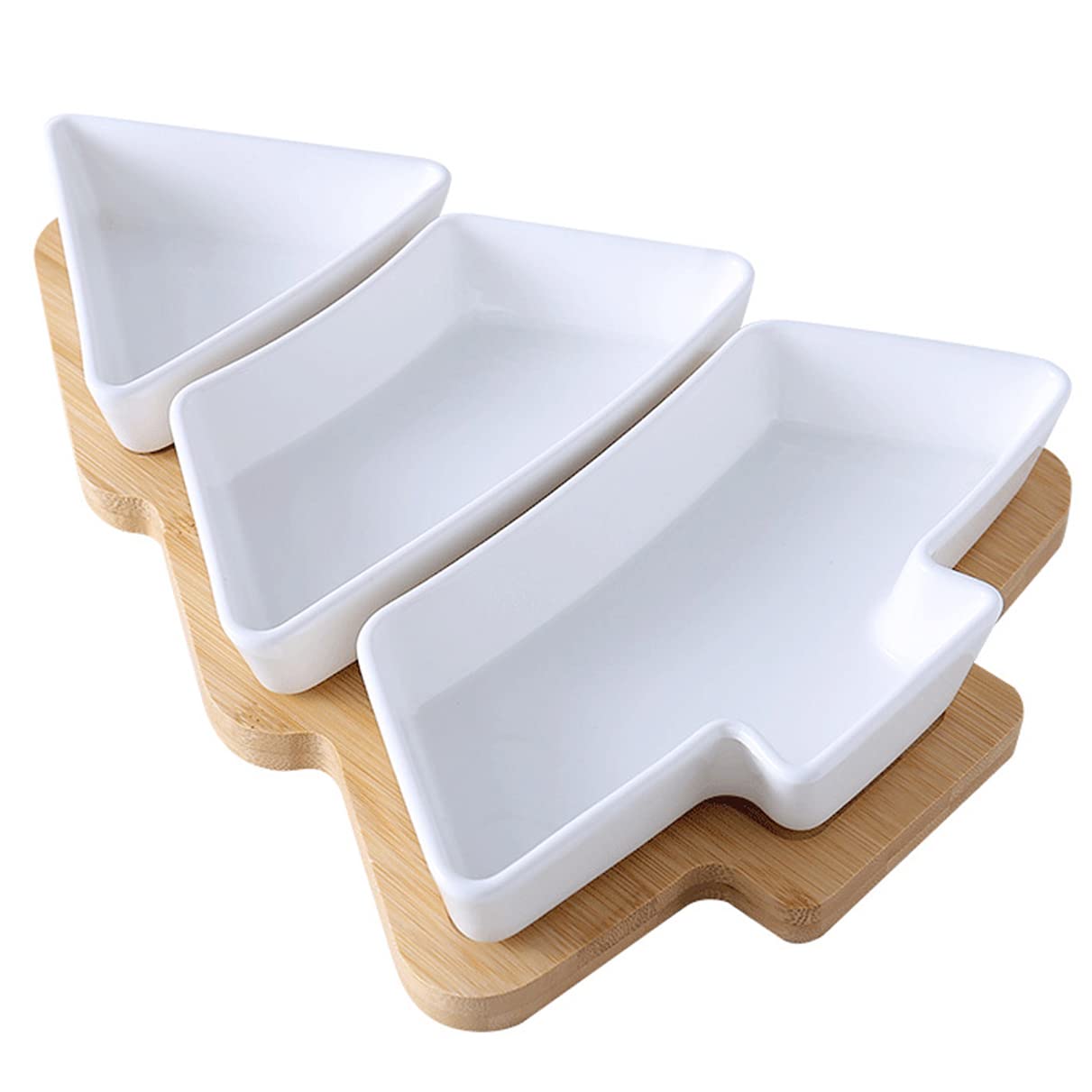 ROSE CREATE 11.6 Inches Big White Snack Appetizer Trays Set, Christmas Tree Dessert Serving Dishes, Snack Platter, 3 pcs Removable Porcelain Plates with Bamboo Tree Tray